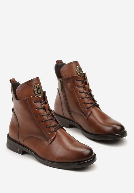 Brązowe Botki z Ekoskóry ze Sznurowaniem i Zdobieniem na Języku Diranda