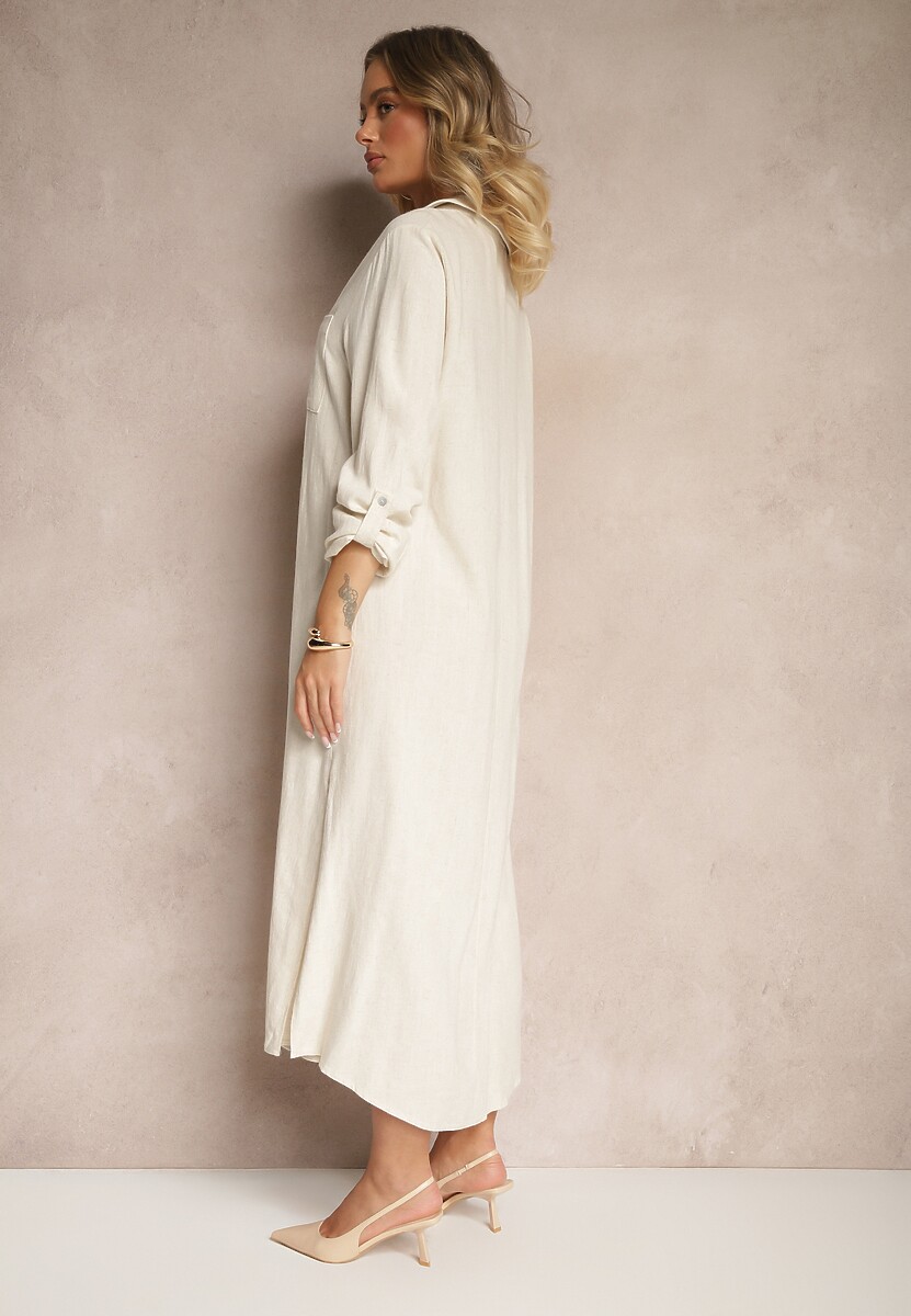 Beżowa Sukienka Koszulowa z Wiskozą Lnem i Regulacją przy Rękawach Florvezia
