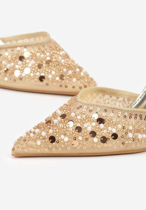 Złote Szpilki Slingback Zdobione Perełkami i Cekinami Irifera
