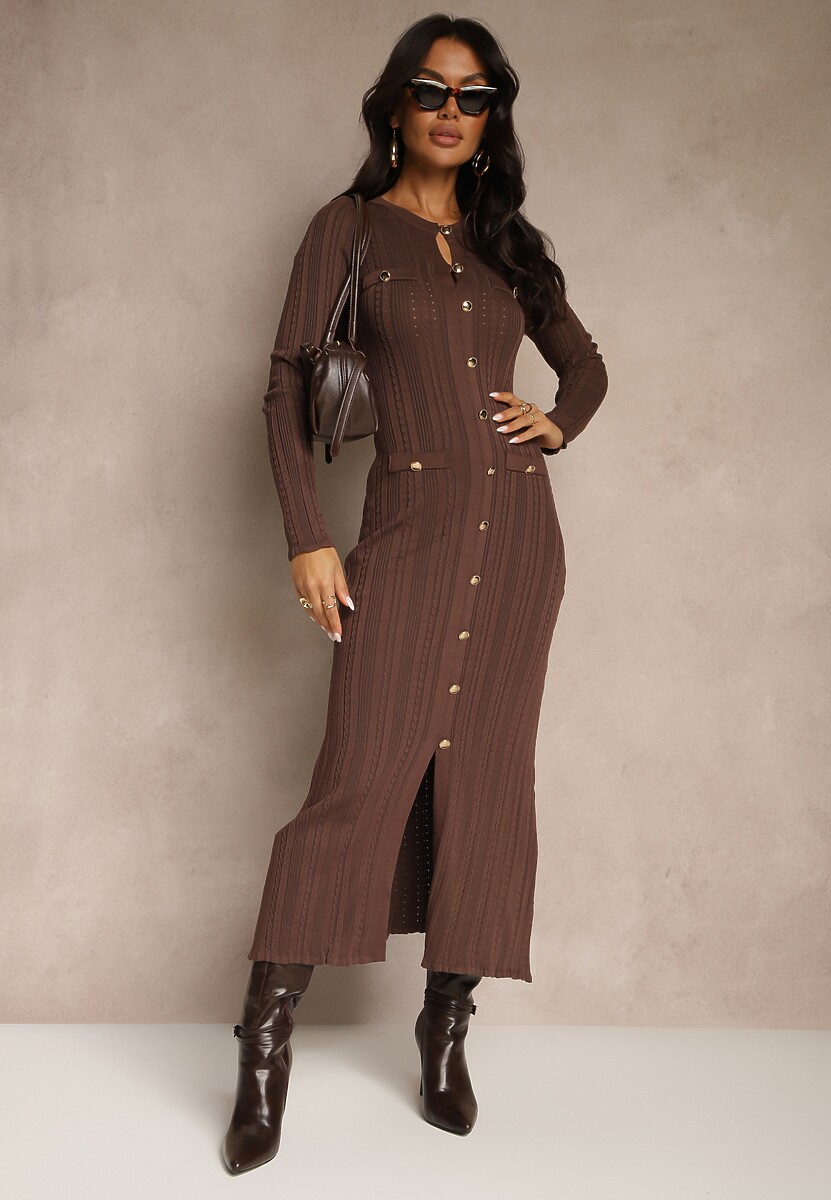 Brązowa Taliowana Sukienka Sweterkowa z Wiskozą i Metalicznymi Guzikami Lilianessa