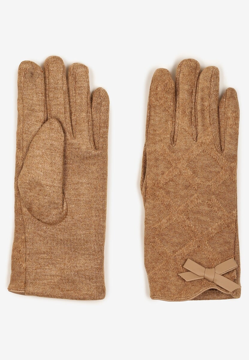 Ciemnobeżowe Rękawiczki Dzianinowe z Bawełną Ozdobione Kokardą Filremi