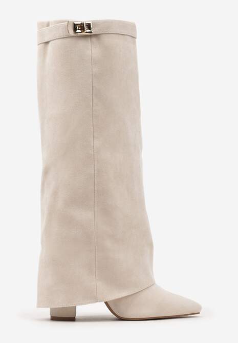 Beżowe Kozaki na Słupku z Wywiniętą Cholewką i Klamerką Upaxa