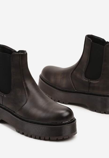 Brązowe Botki na Platformie w Stylu Sztybletów z Elastyczną Wstawką Atinovia