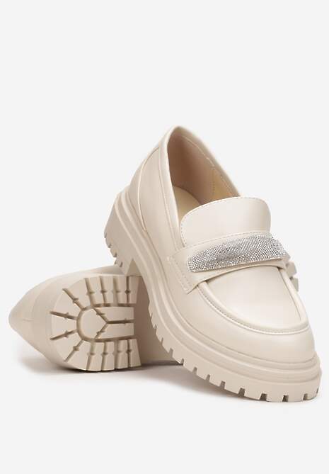 Beżowe Mokasyny na Grubej Podeszwie z Ozdobą z Cyrkonii Neosa