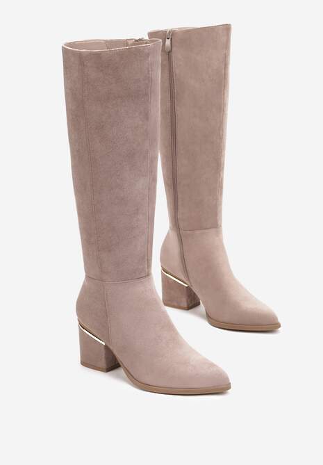 Ciemnobeżowe Kozaki na Ozdobnym Słupku Przed Kolano Liamia