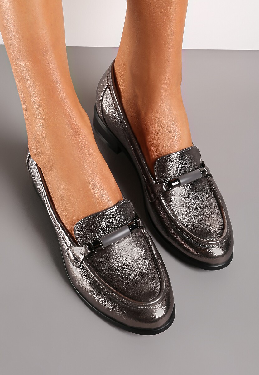 Szare Metaliczne Mokasyny Loafersy z Klamerką i Wkładką ze Skóry Naturalnej Vinterua