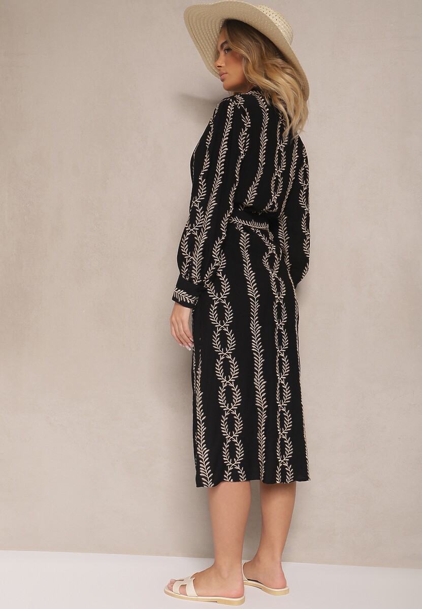 Czarna Wiskozowa Sukienka o Koszulowym Kroju z Haftem i Wiązanym Paskiem Salliene