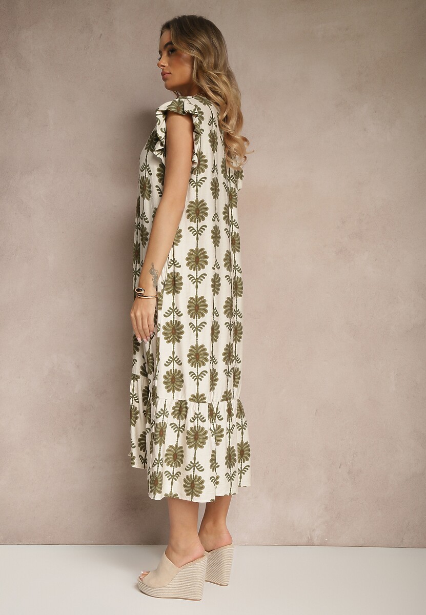Biało-Zielona Rozkloszowana Sukienka w Kwiaty z Bawełną Efalithea