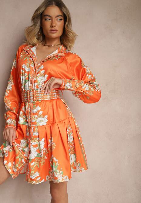 Pomarańczowa Sukienka w Kwiaty o Koszulowym Kroju z Paskiem Alanisia