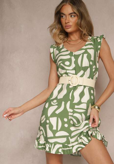 Zielona Rozkloszowana Sukienka w Abstrakcyjny Print z Dekoltem w Kształcie V Mevioraia