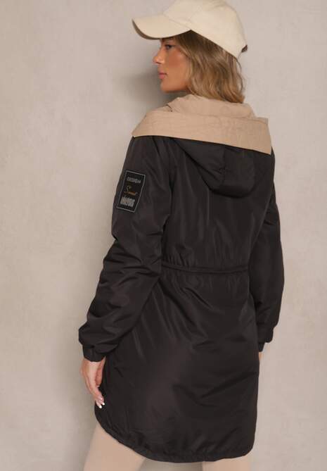 Czarna Kurtka o Kroju Parki z Kapturem i Ściągaczem w Talii Zizana