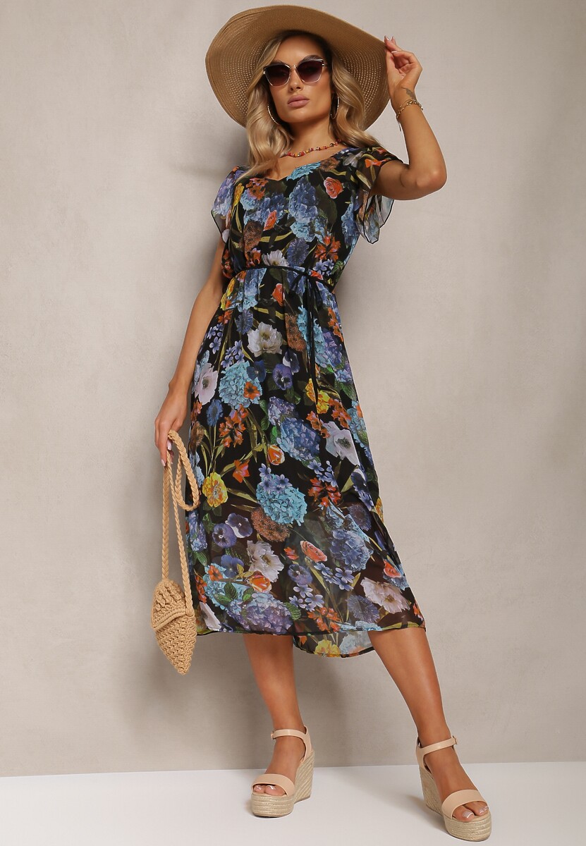 Czarno-Niebieska Rozkloszowana Sukienka Midi w Kwiecisty Wzór Werttia