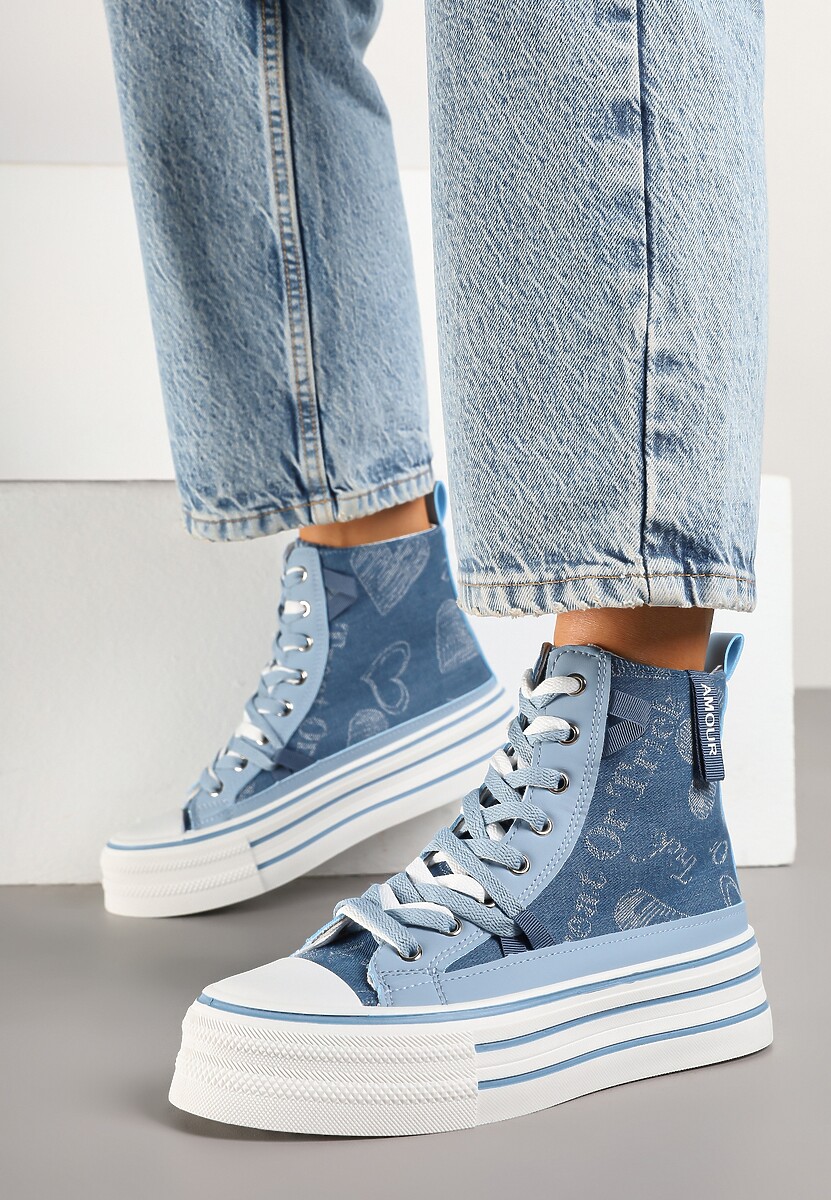 Granatowe Trampki Jeansowe z Serduszkami na Platformie Benirea