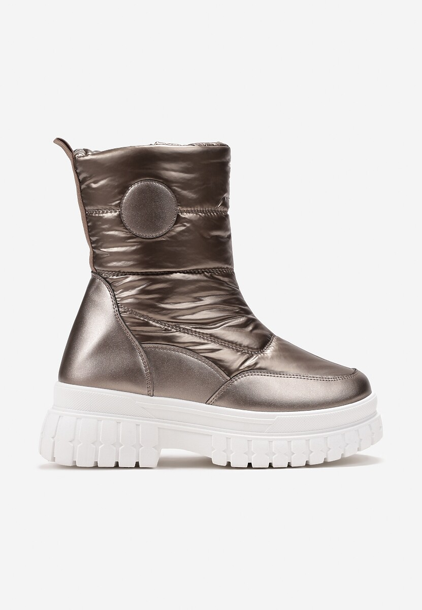 Brązowe Pikowane Śniegowce za Kostkę z Metalicznym Połyskiem i Naszywką Kinicro