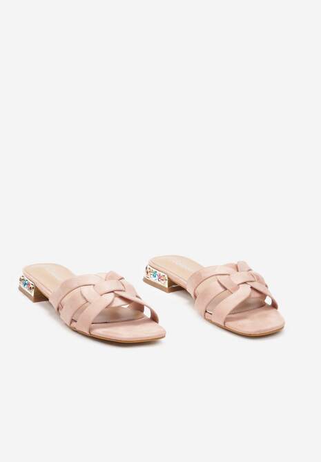 Różowe Płaskie Klapki z Imitacji Skóry Ozdobione Cyrkoniami Yanestria