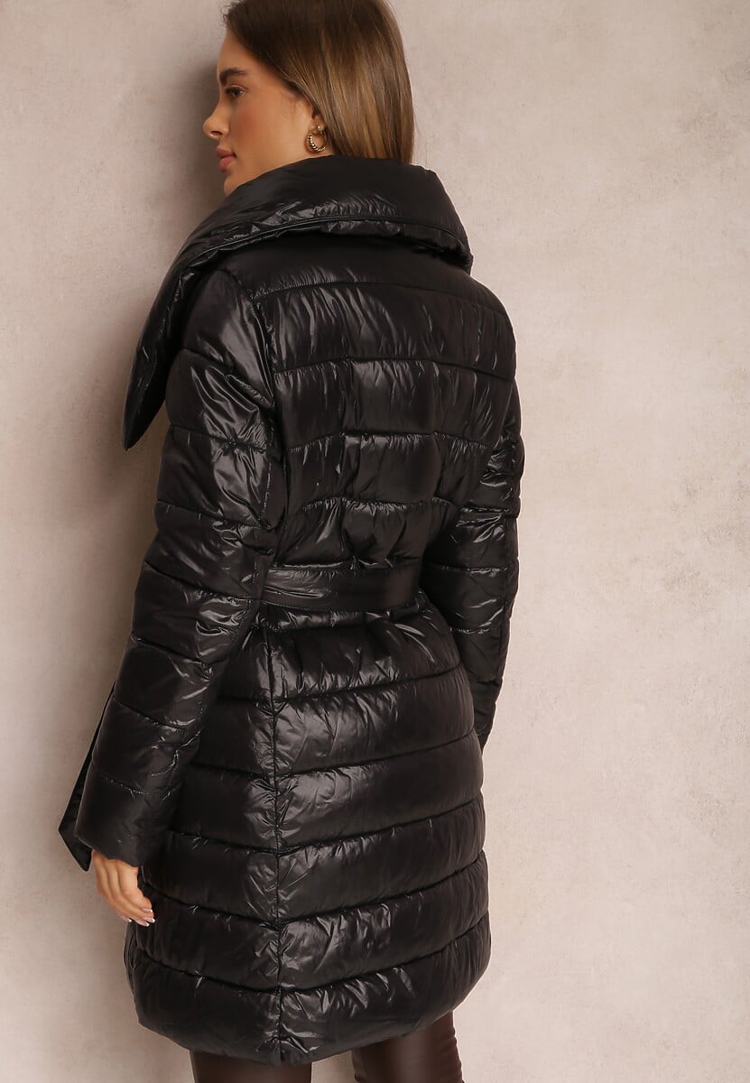 Czarna Kurtka z Szerokim Kołnierzem i Wiązanym Paskiem Proswetel