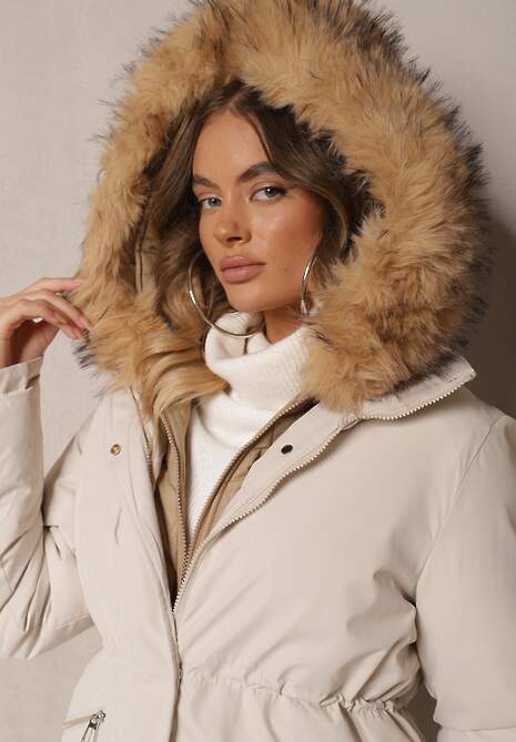 Jasnobeżowa Kurtka Parka Ściągana w Talii z Podwójnym Suwakiem i Kapturem z Futrem Edrieth