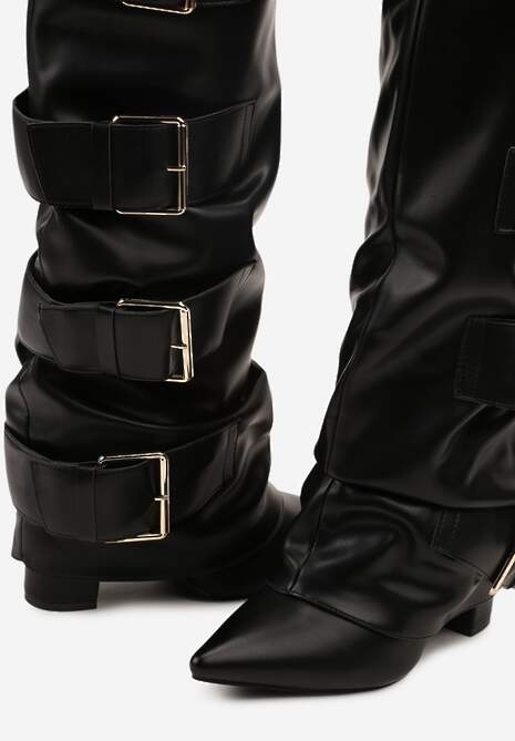 Czarne Kozaki na Słupku z Wywiniętą Cholewką i Klamrami Arullia