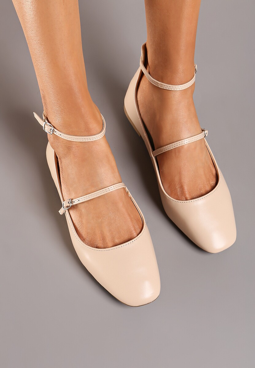 Beżowe Balerinki z Imitacji Skóry na Płaskiej Podeszwie z Dwiema Sprzączkami Rosalalia