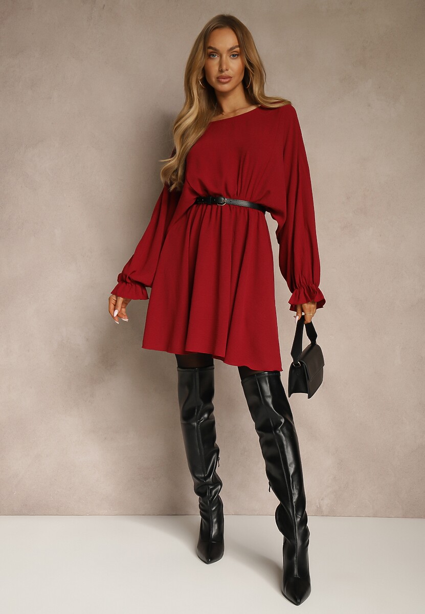 Bordowa Rozkloszowana Sukienka z Gumką w Talii i przy Mankietach Tesunela