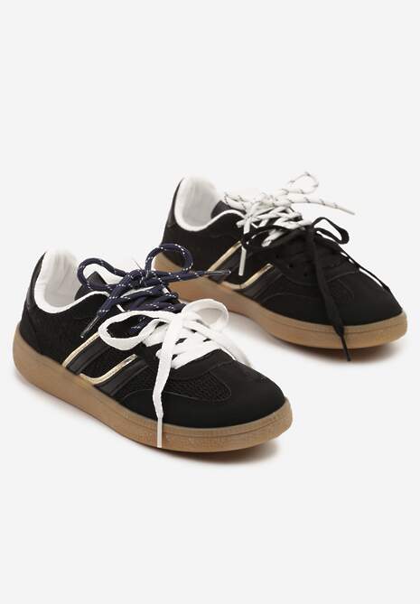 Czarne Sneakersy z Geometrycznymi Paskami i Podwójnym Wiązaniem Florlevi