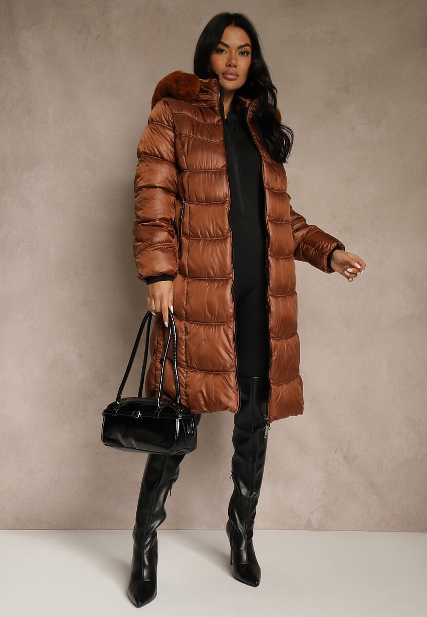 Brązowa Kurtka Płaszcz za Kolano z Pikowaniem i Odpinanym Kapturem Calarin