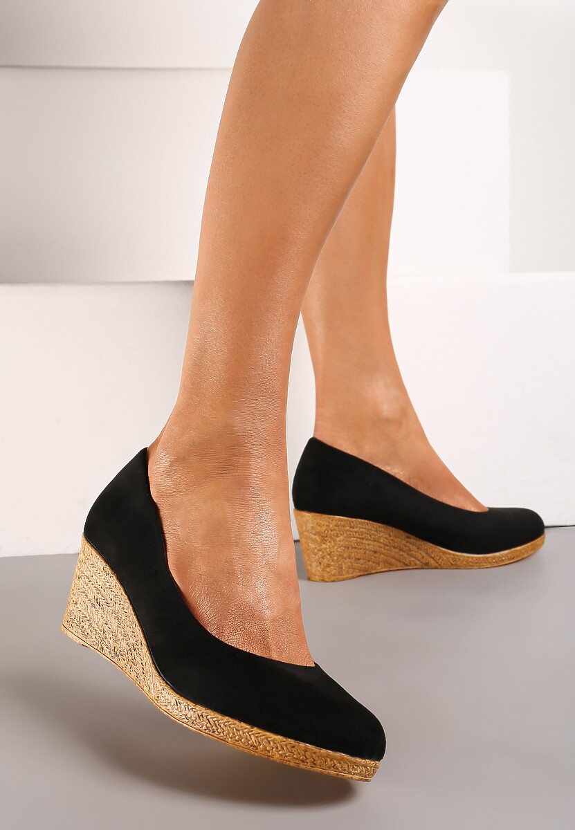 Ciemnobeżowe Czółenka Vices na Plecionym Koturnie ze Skórzaną Wkładką Ebersa