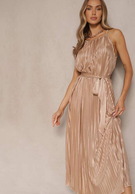 Ciemnobeżowa Sukienka Plisowana z Paskiem w Talii na Cienkich Ramiączkach Wasea