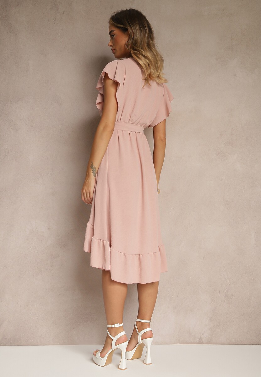 Ciemnoróżowa Sukienka o Rozkloszowanym Kroju z Paskiem i Falbanką Nativese