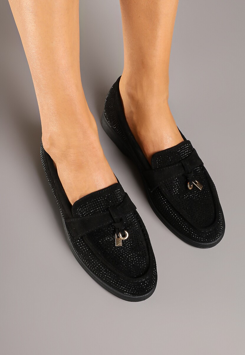 Czarne Mokasyny z Cholewką z Cyrkoniami Zdobione Aplikacją Tenurea