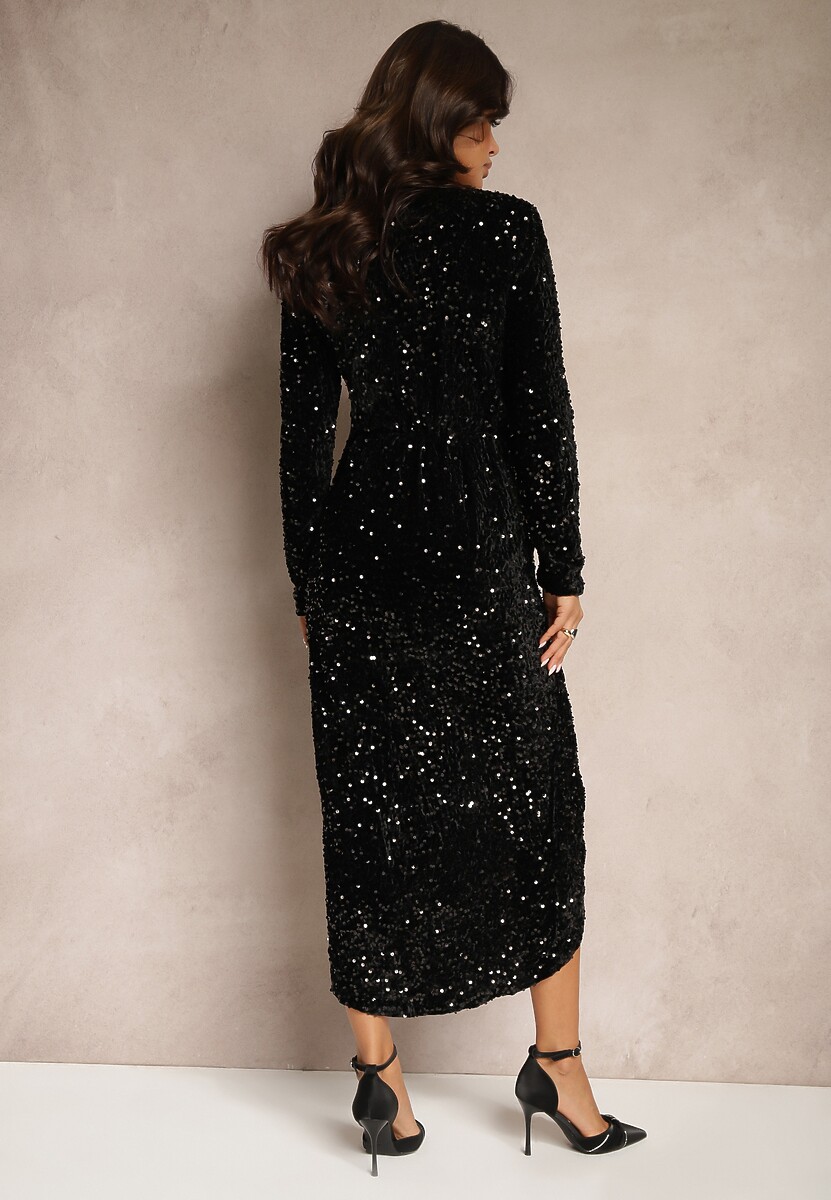 Czarna Koktajlowa Kopertowa Sukienka Ozdobiona Cekinami i Asymetrycznym Wycięciem Nerrira