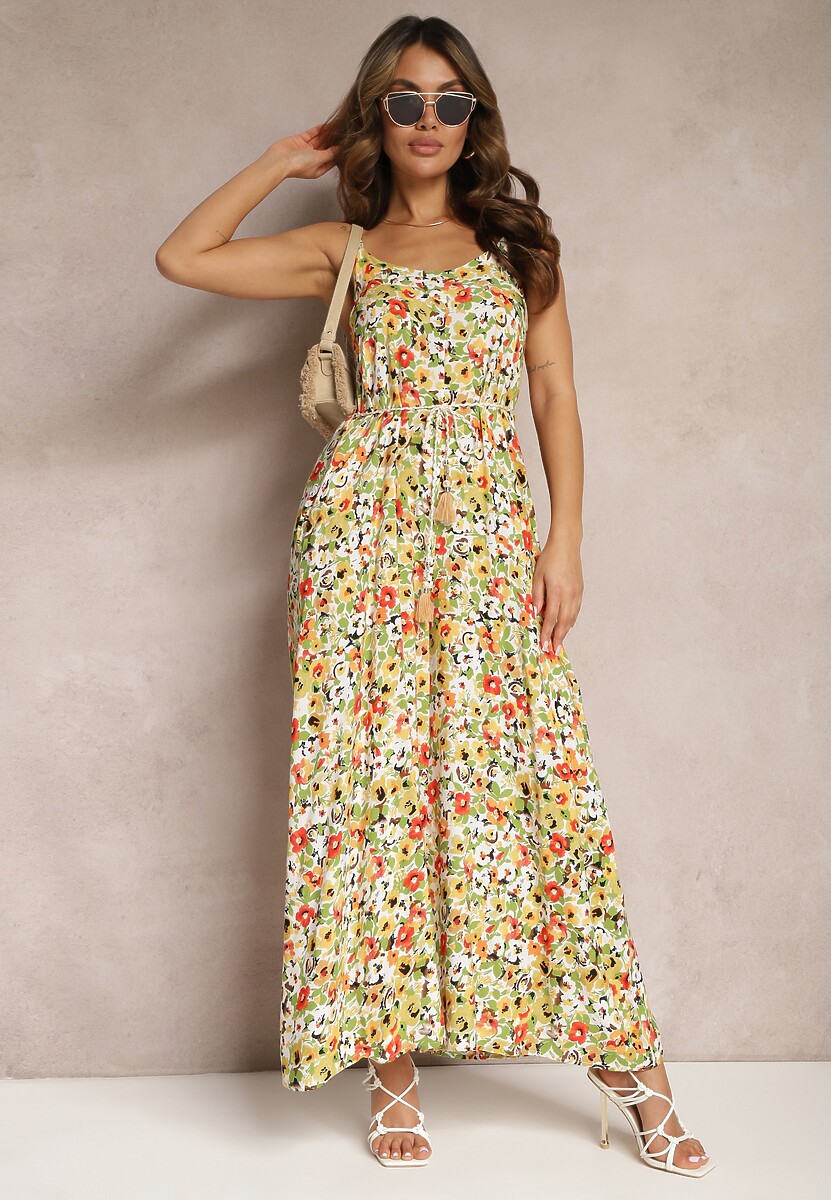 Zielono-Beżowy Kombinezon z Szerokimi Nogawkami w Kwiaty Wiązany na Ozdobny Sznurek Leliavia