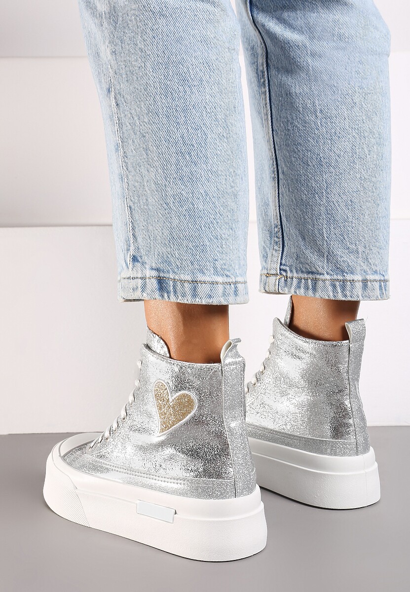 Srebrne Brokatowe Trampki na Platformie z Cholewką za Kostkę Nevirosa
