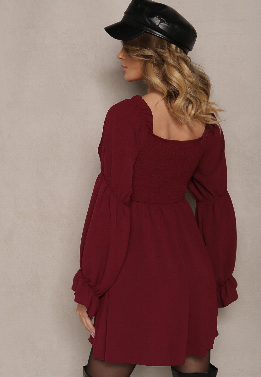 Bordowa Sukienka z Elastyczną Górą o Rozkloszowanym Kroju z Falbankami Savione