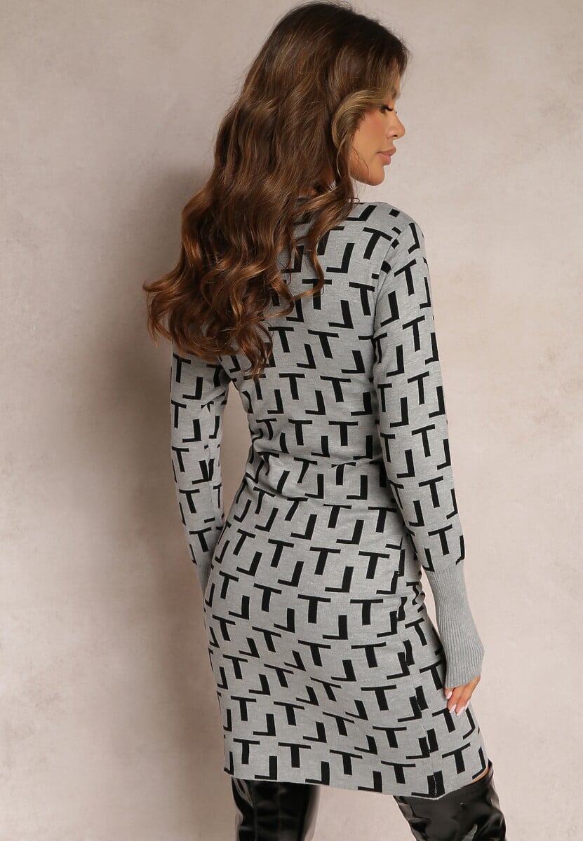 Szara Dzianinowa Sukienka w Geometryczny Wzór z Kopertowym Dekoltem Isobell