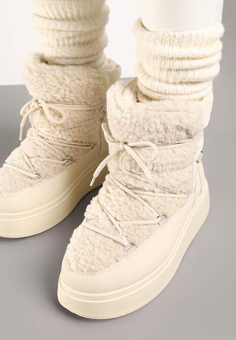 Beżowe Śniegowce Vices na Platformie ze Sznurowaniem i Futerkiem Nomicea
