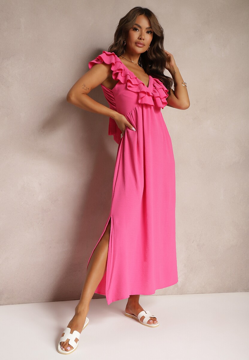 Biała Sukienka Koktajlowa na Ramiączkach Ozdobiona Falbaną i Rozcięciami po Bokach Zorabea