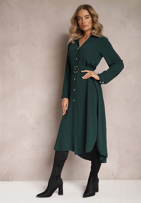 Ciemnozielona Sukienka Koszulowa z Paskiem Vartivar