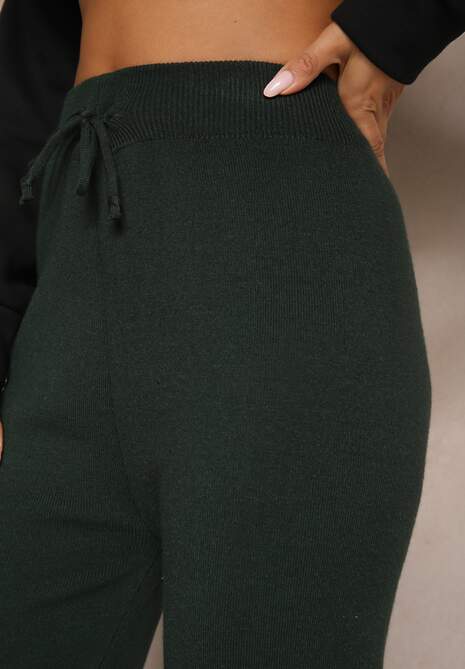 Ciemnozielone Spodnie o Szerokim Kroju High Waist z Cyrkoniami i Gumką w Pasie Loreitha