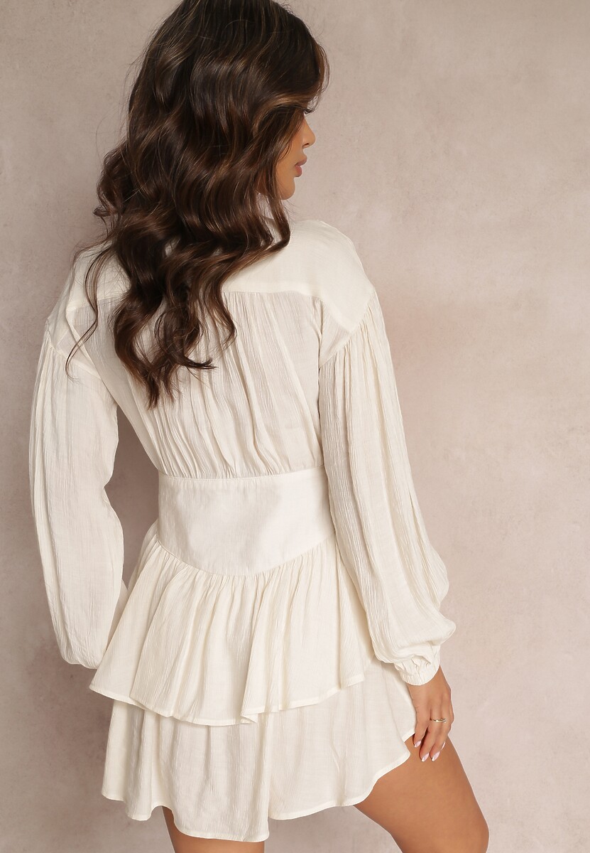 Beżowa Rozkloszowana Sukienka Mini z Falbankami i Stójką Iciana