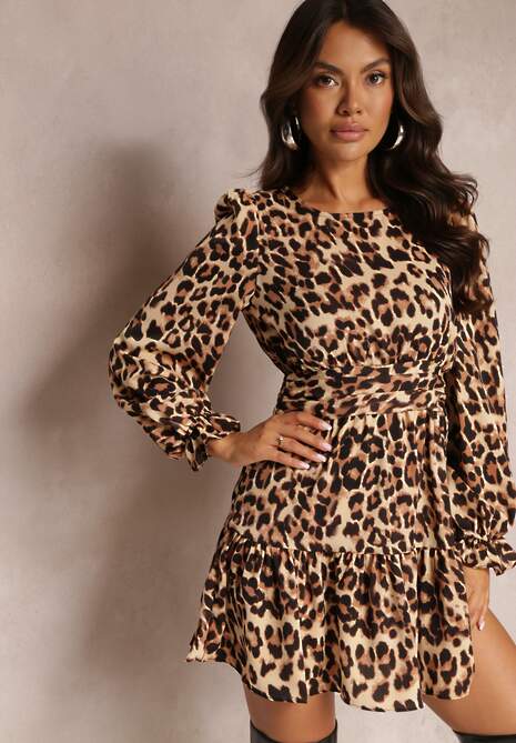 Beżowo-Brązowa Rozkloszowana Sukienka Mini w Panterkowy Wzór z Ozdobnymi Falbankami i Gumką w Pasie Popora