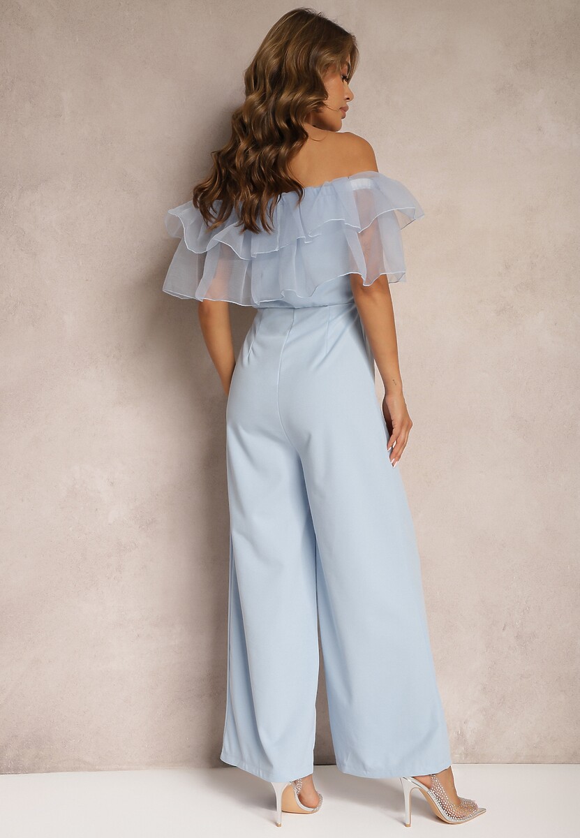 Jasnoniebieski Koktajlowy Kombinezon z Falbanką przy Dekolcie bez Rękawów Tessita