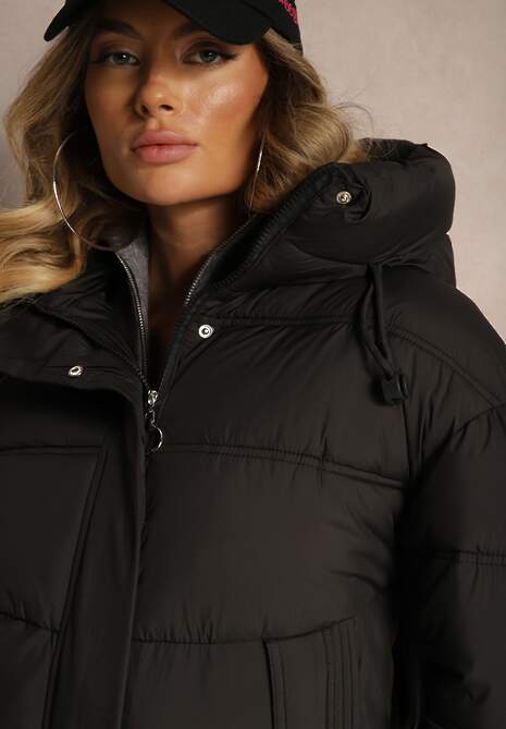 Czarna Pikowana Kurtka z Kapturem ściągaczami i Troczkami Hedidra