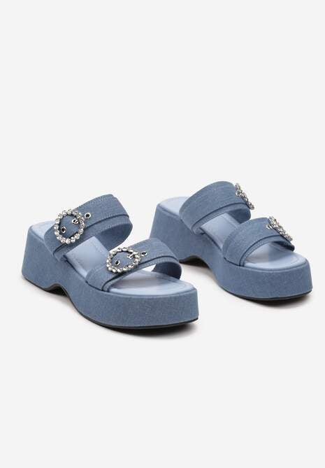 Niebieskie Wsuwane Klapki Ozdobione Cyrkoniami i Klamrami Miriala