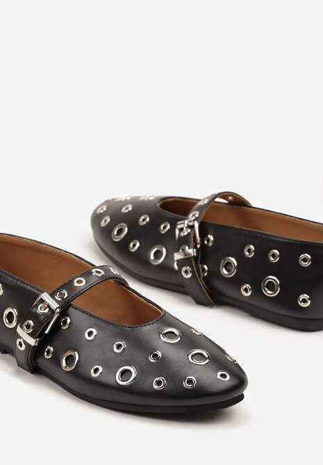 Czarne Balerinki w Metalowe Okręgi ze Sprzączką Lialitte