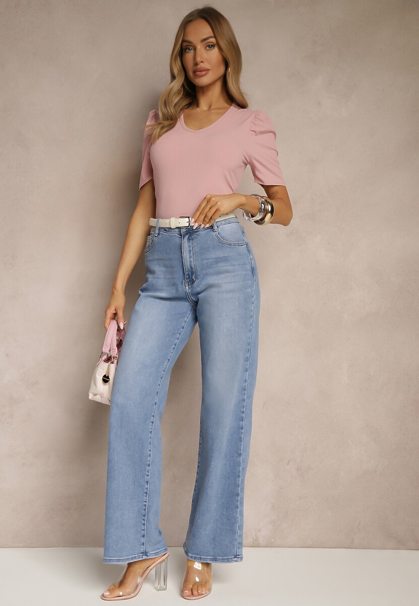 Różowy T-shirt z Trójkątnym Dekoltem Sunille