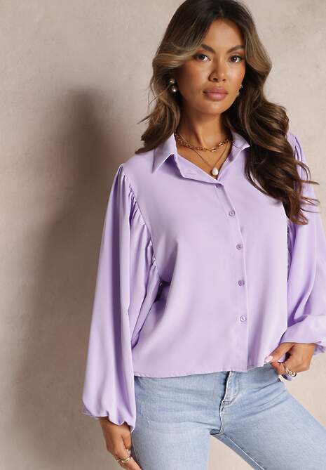 Fioletowa Koszula z Bufiastymi Rękawami Zdobionymi Plisowaniem Marayati