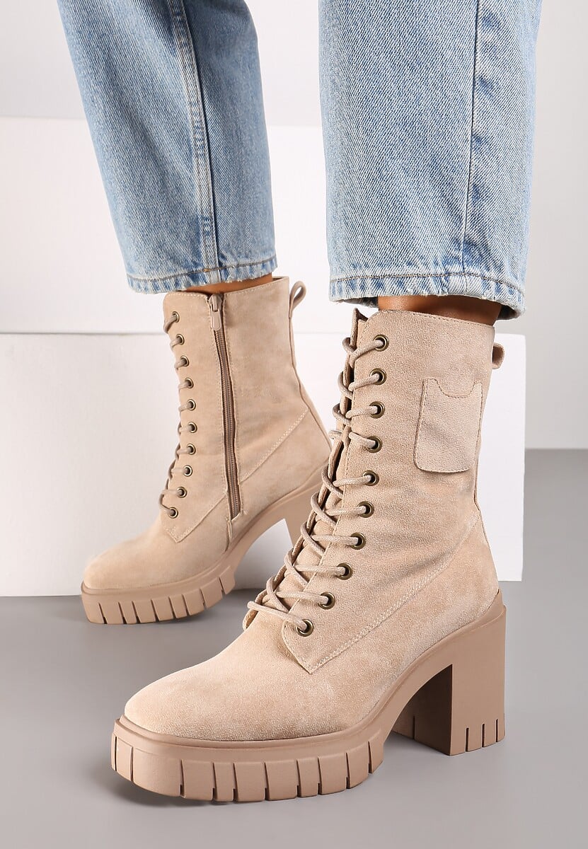 Czarne Botki na Słupku i Platformie ze Sznurowaniem Ameni