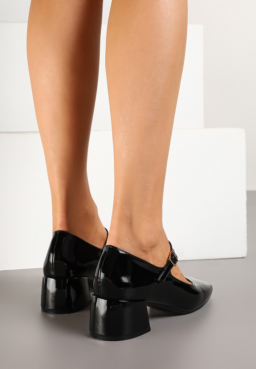 Czarne Lakierowane Czółenka na Niskim Słupku w Stylu Mary Jane Eriola