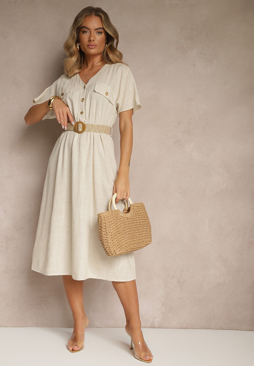 Beżowa Koszulowa Sukienka Midi z Bawełny z Gumką w Talii i Plecionym Paskiem Emera